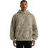A hooded sweatshirt in a faded green and brown camo pattern, featuring a front pocket and long sleeves.