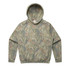 A faded hooded sweatshirt in a camouflage pattern featuring green and tan colours, with a front pocket and a logo.