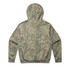 A hooded sweatshirt in a faded camo pattern featuring greens and browns. The back view displays the design without branding.