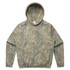 A hoodie in faded camo pattern featuring shades of green and brown, with a front pocket and hood.