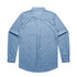 A blue denim shirt with long sleeves and a button-down collar, featuring a back yoke detail.