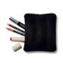 A black neoprene cosmetic bag with three lip liners and a lipstick displayed alongside it.