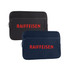 A neoprene laptop sleeve in black and navy, featuring a front zipper pocket and a logo.