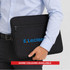 A black neoprene laptop sleeve designed for 16-inch laptops, featuring a logo and a zip closure.