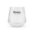A clear, ribbed glass tumbler with a logo printed on the front.
