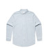 A light blue button-up shirt featuring a striped pattern and long sleeves. It has a chest pocket and a collar.