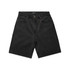 A pair of black denim shorts featuring a button fly, front pockets, and stitched detailing. Includes branding.