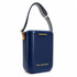 A navy blue cooler with a strap and a logo, featuring a sleek rectangular design.