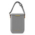 A grey cooler with a shoulder strap and a gold accent, featuring a logo on the front.