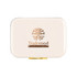 A cream-coloured cooler bag featuring a logo with a tree design and a gold clasp.