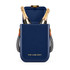 A navy cooler bag with a lid, featuring leather straps and two bottles of champagne inside. Includes a logo.