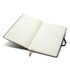 An open Moleskine 2027 planner displaying blank monthly calendar pages in cream with a black cover and ribbon bookmark.