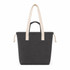 A dark grey tote bag with light beige handles and drawstring closures. Features a simple design and a logo.