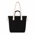 A black tote bag with cream handles and a drawstring closure, featuring branding on the front.