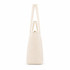 A cream tote bag with long handles and a drawstring closure at the top, featuring a subtle logo.