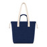A navy blue tote bag with cream handles, featuring a front pocket and a soft, structured design.