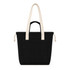 A black tote bag featuring cream straps and a front pocket, designed with a drawstring closure.