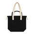 A black tote bag with cream-coloured handles and a front pocket, featuring a logo.