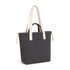 A charcoal tote bag with beige handles and a front pocket, featuring a logo on the side.