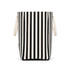A striped tote bag in black and white featuring dual handles and a sturdy design. It has a branding logo on the side.