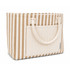 A striped tote bag in beige and cream with a front pocket and sturdy handles. It has a logo on the side.