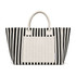 A striped tote bag in black and cream with handles and a large front pocket. It features a logo.