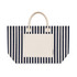 A striped tote bag featuring navy and cream colours with sturdy handles and a front pocket. It includes a logo.