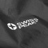A close-up of a black windbreaker featuring a logo. The material has a textured, ripstop design.