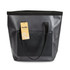 A black and grey waterproof bucket bag with a tag, featuring two handles and a front pocket.