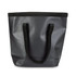 A black bucket bag with sturdy black handles, featuring a smooth, glossy texture and no visible logos.