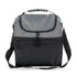 A grey and black cooler bag with a shoulder strap and a zippered front pocket. It features a logo.