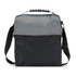 A black and grey cooler bag with a shoulder strap and a top handle, featuring a front pocket and a logo.
