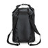 A black 20L dry bag with adjustable shoulder straps and clips. It features a minimalistic design with a logo.
