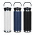 A drink bottle featuring three colours: white, navy blue, and black, with a stainless steel base and a handle.