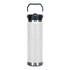 A drink bottle in matte white with a black lid and handle, featuring a stainless steel base.