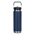 A drink bottle in navy blue with a stainless steel base and a black lid, featuring a carry handle.