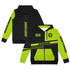 A black and bright green zipped hoodie featuring a logo and bold graphic designs on the sleeves.
