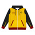 A zipped hoodie featuring a yellow and black design with maroon accents and a logo.