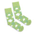 A pair of green knitted business socks featuring white clouds and blue raindrops patterns. Includes a logo.