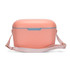 A peach-coloured cooler with a light blue accent and a detachable pink strap. It features a rounded design.