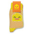 A set of two yellow knitted business socks featuring a cute duck design and a chevron pattern. 