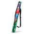 A green cooler sling bag with a black strap, holding multiple drink cans in red, blue, and purple.