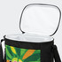 A black lunch cooler bag, featuring a colourful design, with an open top revealing a white insulated interior.