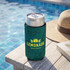 A drink cooler in dark green with a logo, holding a can, set next to a straw hat by a pool.