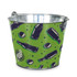 A green ice bucket with a shiny metal interior, featuring illustrations of bottles and bottle caps. It has a logo.