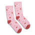 A set of two pink knitted socks featuring hearts and stars in various shades of pink and red, with a logo present.
