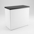 A rectangular display counter with a black top and white sides, featuring a simple design and sleek finish.