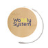 A round bamboo coaster with a rope attachment, featuring a logo in blue and yellow.