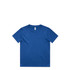 A blue kids' t-shirt with a round neck and short sleeves, featuring a logo on the tag.
