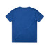 A blue kids' t-shirt featuring a simple design and a logo. The back view is displayed.